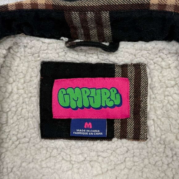 Empyre Plaid Sherpa Lined Shirt Jacket Brown Black Cotton Blend Shacket Size M - Picture 11 of 13